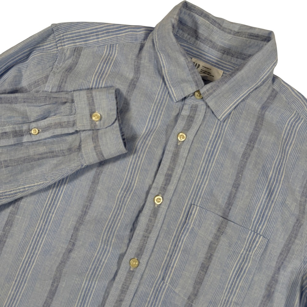 Gap Linen Button Down Shirt Men M Blue Striped Cotton Blend Standard Fit Coastal
